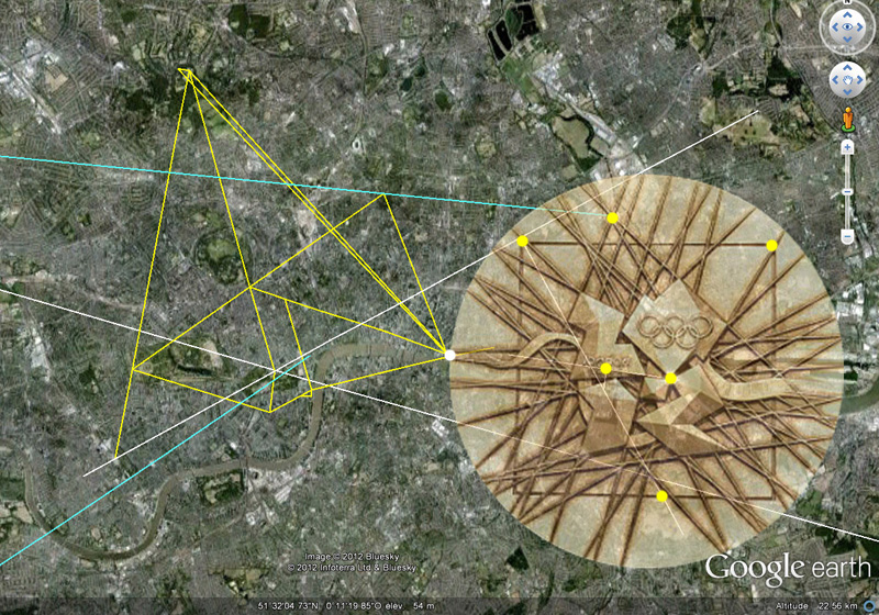 La médaille des JO de Londres, avec transparence, en relation avec les alignements de sites de la ville de Londres