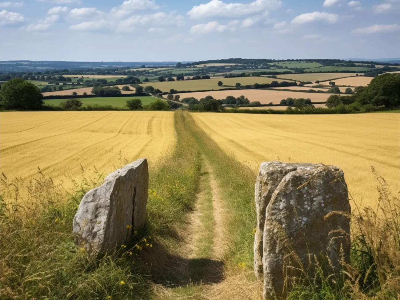 Mégalithes balisant un chemin dans la campagne anglaise. Photo : BenLovegrove.com.